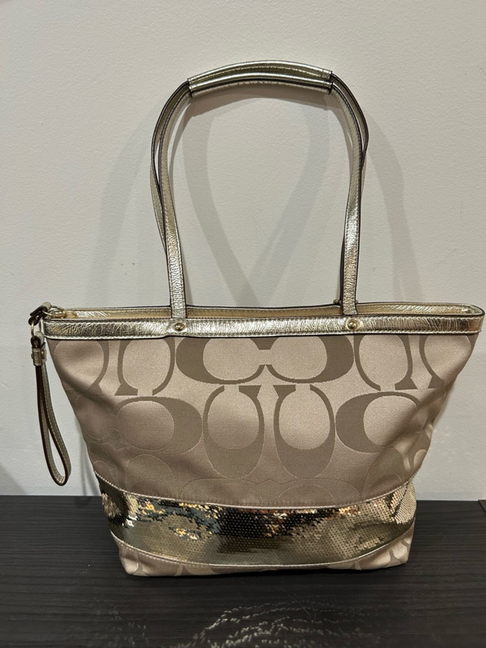 Coach Signature Stripe Tote Bag with metallic gold sequin accents EUC - Picture 5 of 13
